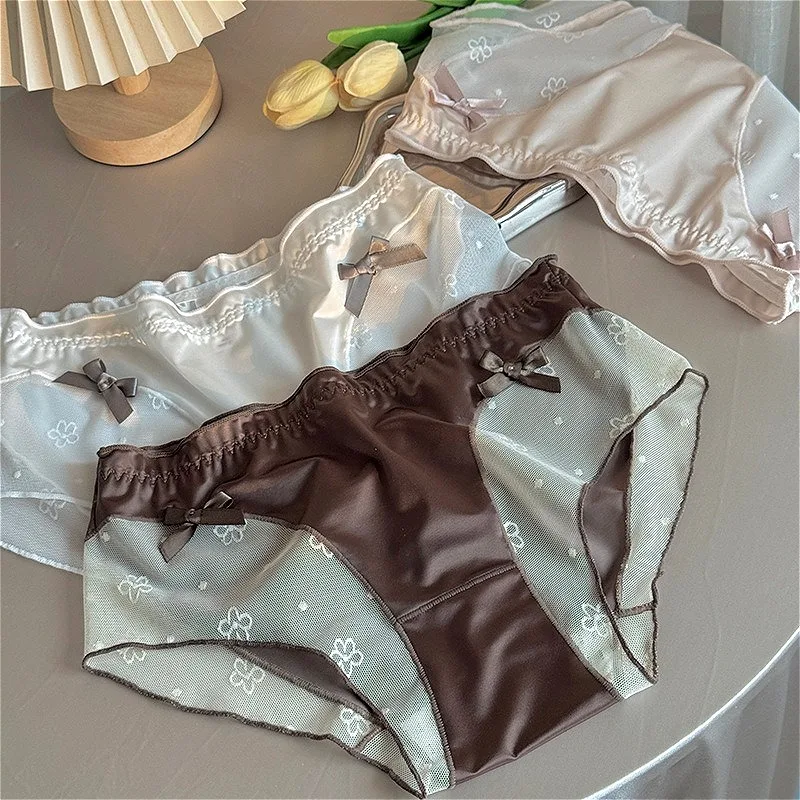 

Satin Panties Womens Silky Underwear Bow Mid Waist Lace Sweet Girls Triangle Briefs Butt-up Bikini Hombre Lingerie Трусы Женские