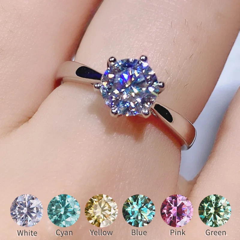 

Big Sale Real Moissanite Ring 6.5-8mm 1-2CT Blue Green Yellow Pink Red Diamond Rings 925 Sterling Silver Jewelry For Women Girls
