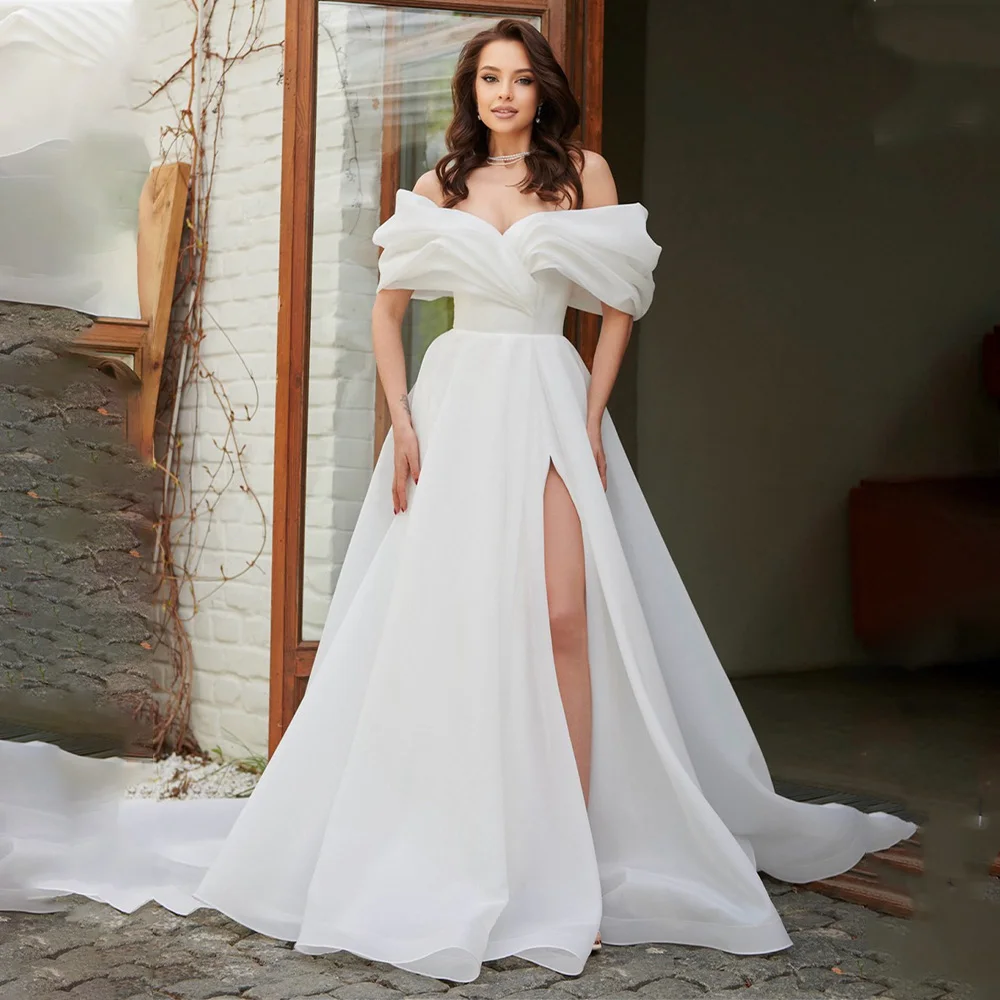 

Modern Pleat Off The Shoulder Organza A Line Wedding Dresses Side Slit Bridal Grown 2026 Vestido De Noival