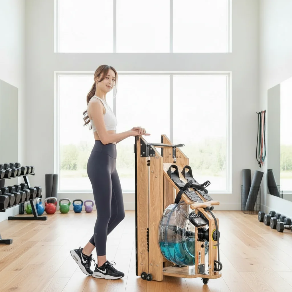 Dual Rail Commercial Rower for Home & Gym Space-Saving Foldable Wooden Water Rowing Machine