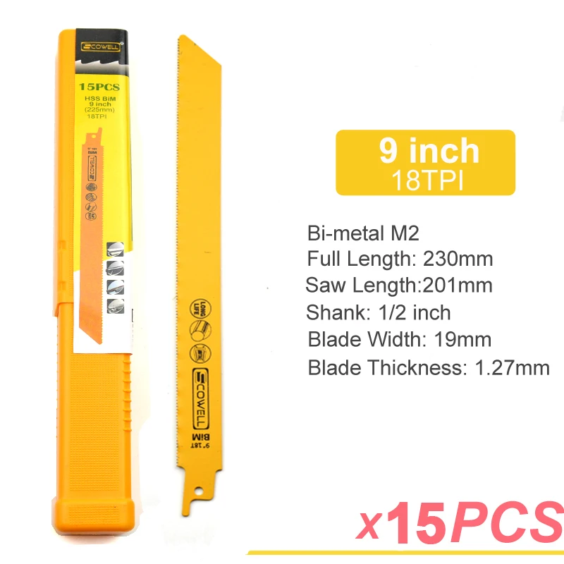 15 kemasan SCOWELL HSS Bimetal 9 "inci 18tpi pembongkaran saber bolak-balik pisau potong logam keras Aksesori alat DIY