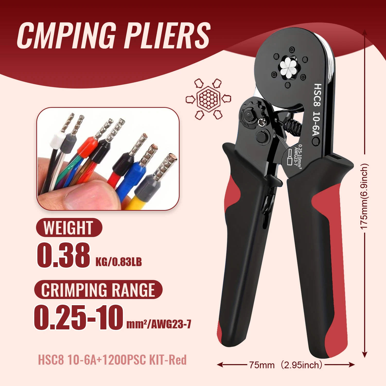 مجموعة أدوات تجعيد الأسلاك HSC 8 10-6A المعبأة قطعة واحدة - مقبض من الفولاذ الكربوني، 1200 قطعة مجموعة متنوعة من المحطات TE، تجعيد سداسي #3