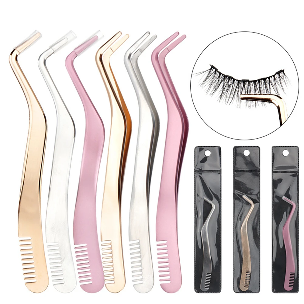 10 Pcs Eyelash Comb Tweezers Stainless Steel Anti-Static Non-Magnetic Professional Pincet Lashes Extension Tweezers Makeup Tools