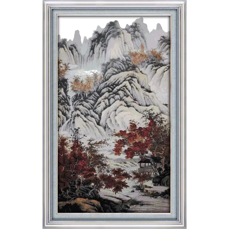 Joy Sunday New Printed Cross Stitch Kit  Easy Pattern Aida  Stamped Fabric DMC Threads Embroidery Kits-Autumn Mountains and Red