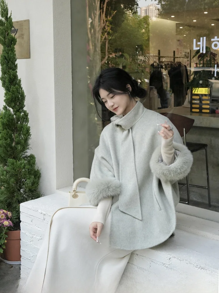 

Двустороннее шерстяное пальто-накидка с мехом, осенне-зимнее, женское, новое, винтажное, однотонное, из чистой шерсти