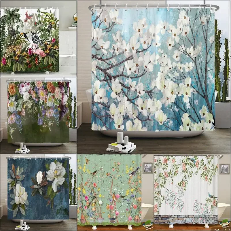 Chinese Style Flower and Birds Tree Shower Curtains Bath Curtain Waterproof Bathroom Decor With Hooks 3d Printing Bath Curtain