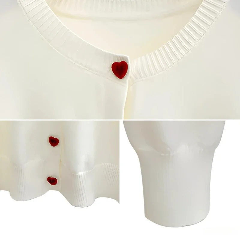 المرأة س الرقبة واحدة الصدر القلب زر سترة 2025 القوس التطريز سترة مشغولة من الصوف الكورية عادية الصلبة القمم ملابس امرأة 45