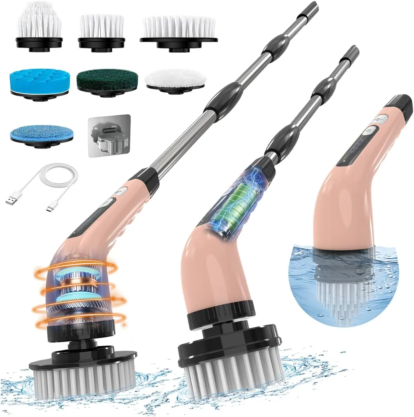 

Electric Spin Scrubber Cordless with 7 Brush Heads, 2 Speeds, Adjustable Handle for Bathroom Shower Car Cleaning Pink