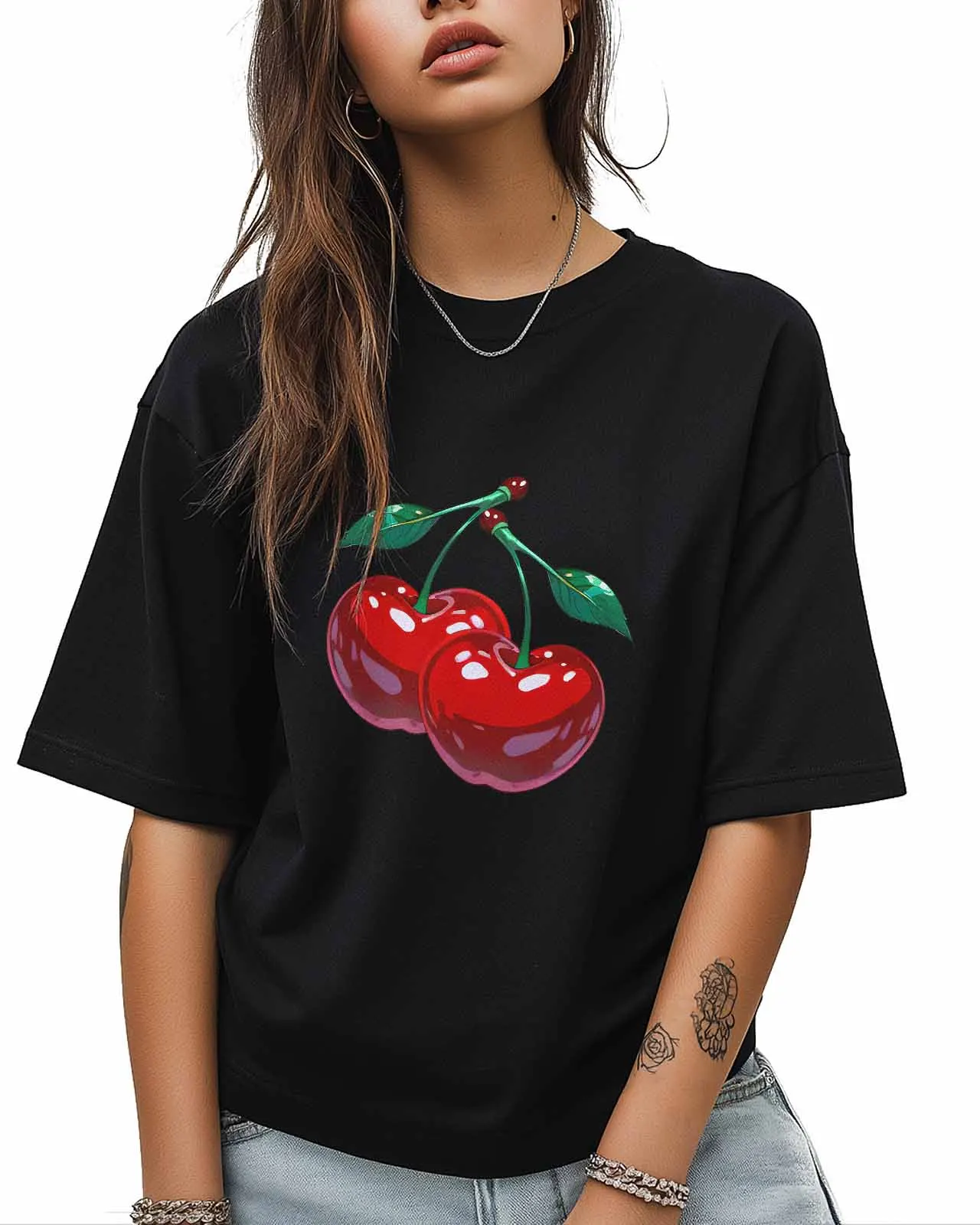 Cherry Cartoon T-Shirt Lover Gift Sweatshirt Fitness T-shirt Short Sleeve O-neck Clothing Tops