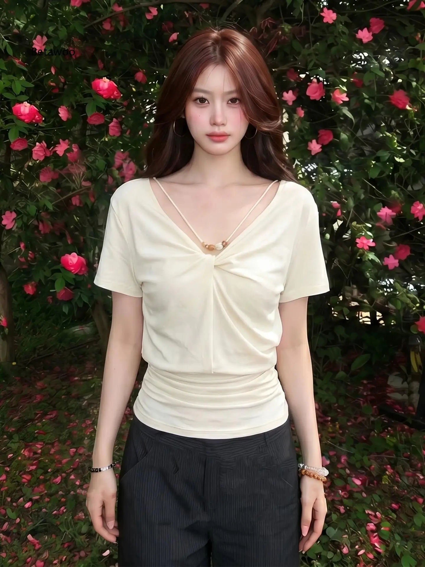 Women Elegant V Neck Short Sleeve Top Twist Front Halter Strap Decoration Ruched Waist Slim Blouse For Party And Travel