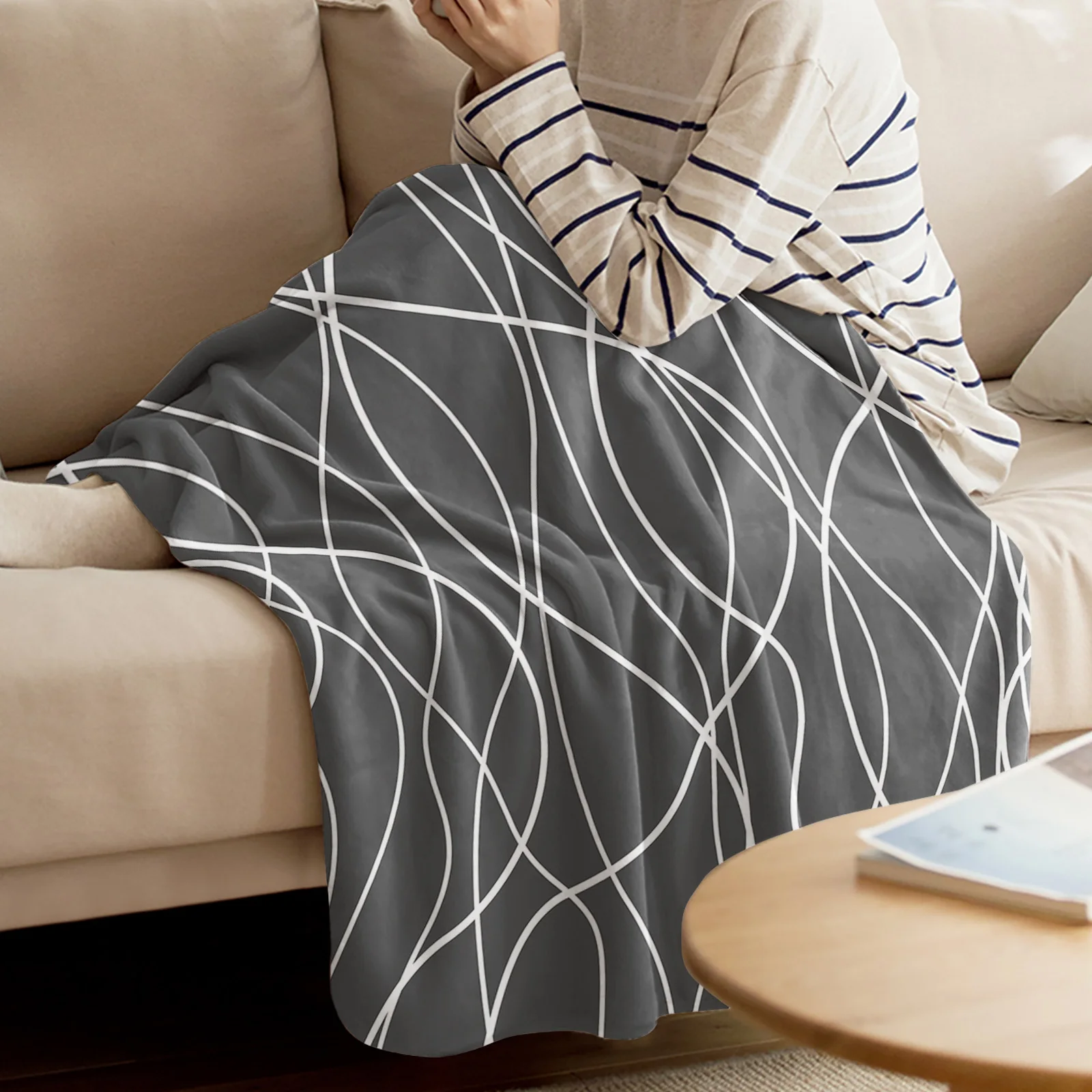 Twisted Lines Modern Art Grijs Gedrukt Gooi Deken Flanel Fleece Dekens Zachte Gooien voor Slaapbank Bed Slaapkamer Sprei