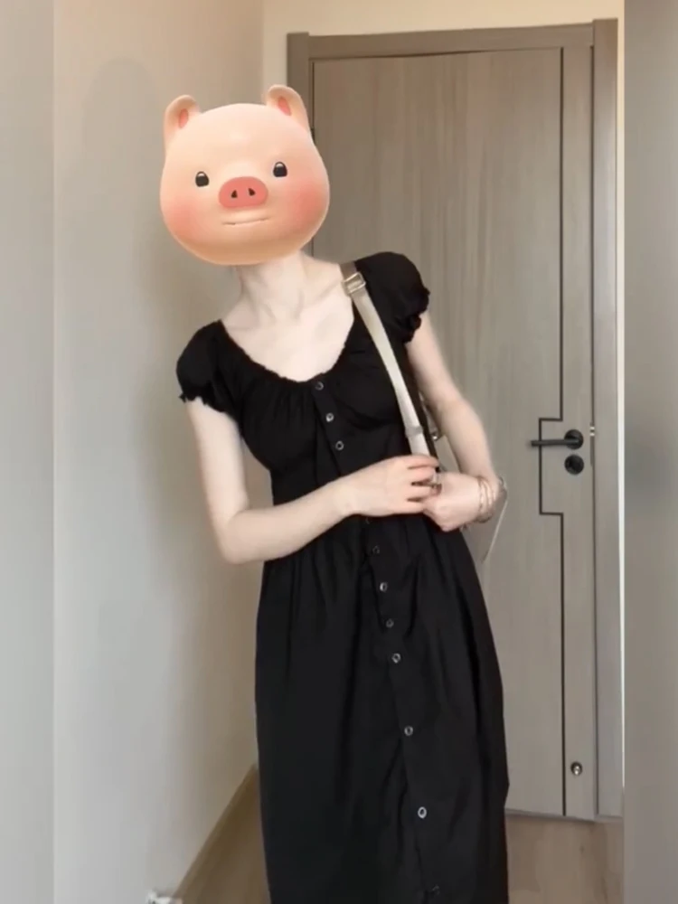 

XZY Ele Vintage V-ne Dr Women's Summer Hepburn Sle Slimming Bla Dr Korean Sle A-line Skirt Casual Wear