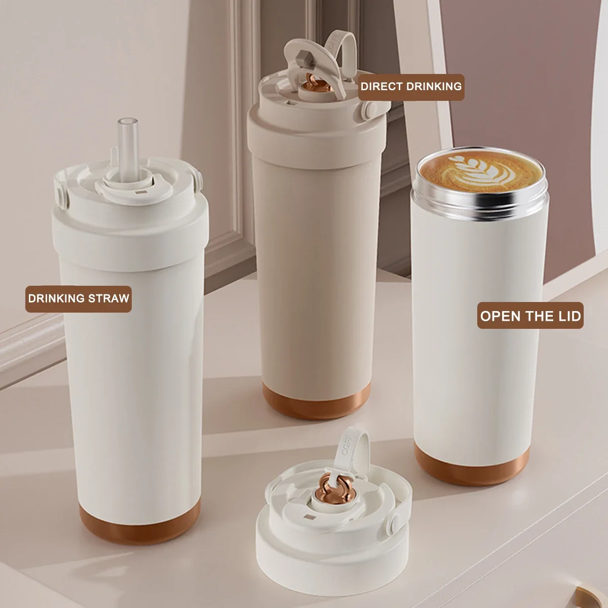 500/750ML Flat Bottom Ceramic Thermos Cup with Straw Coffee Portable Kettle Thermos Cup Non-Spill with Telescopic Straw