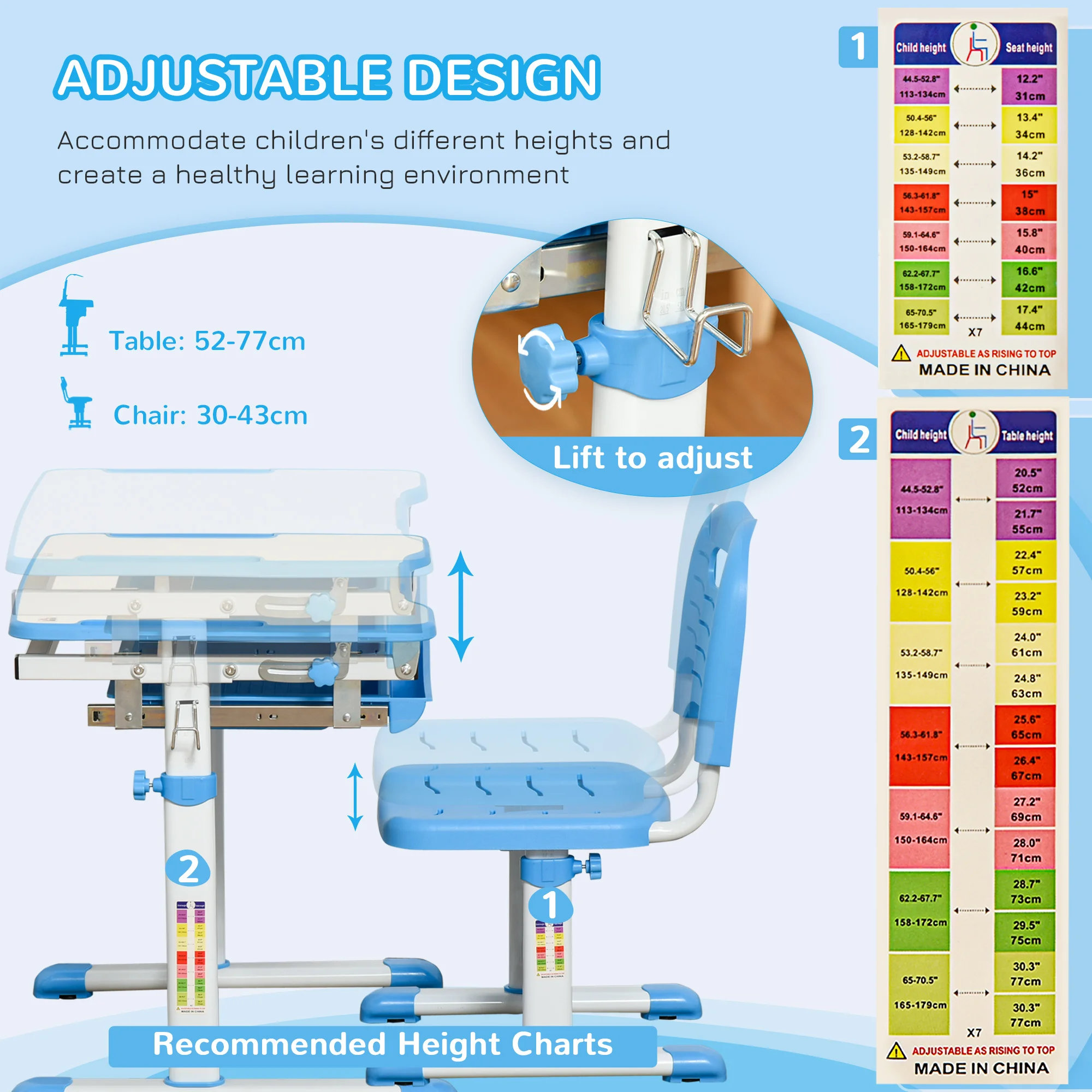 HOMCOM Kids Desk and Chair Set, Height Adjustable Student Writing Desk with Tiltable Desktop, Drawer, Pen Slot, Hook