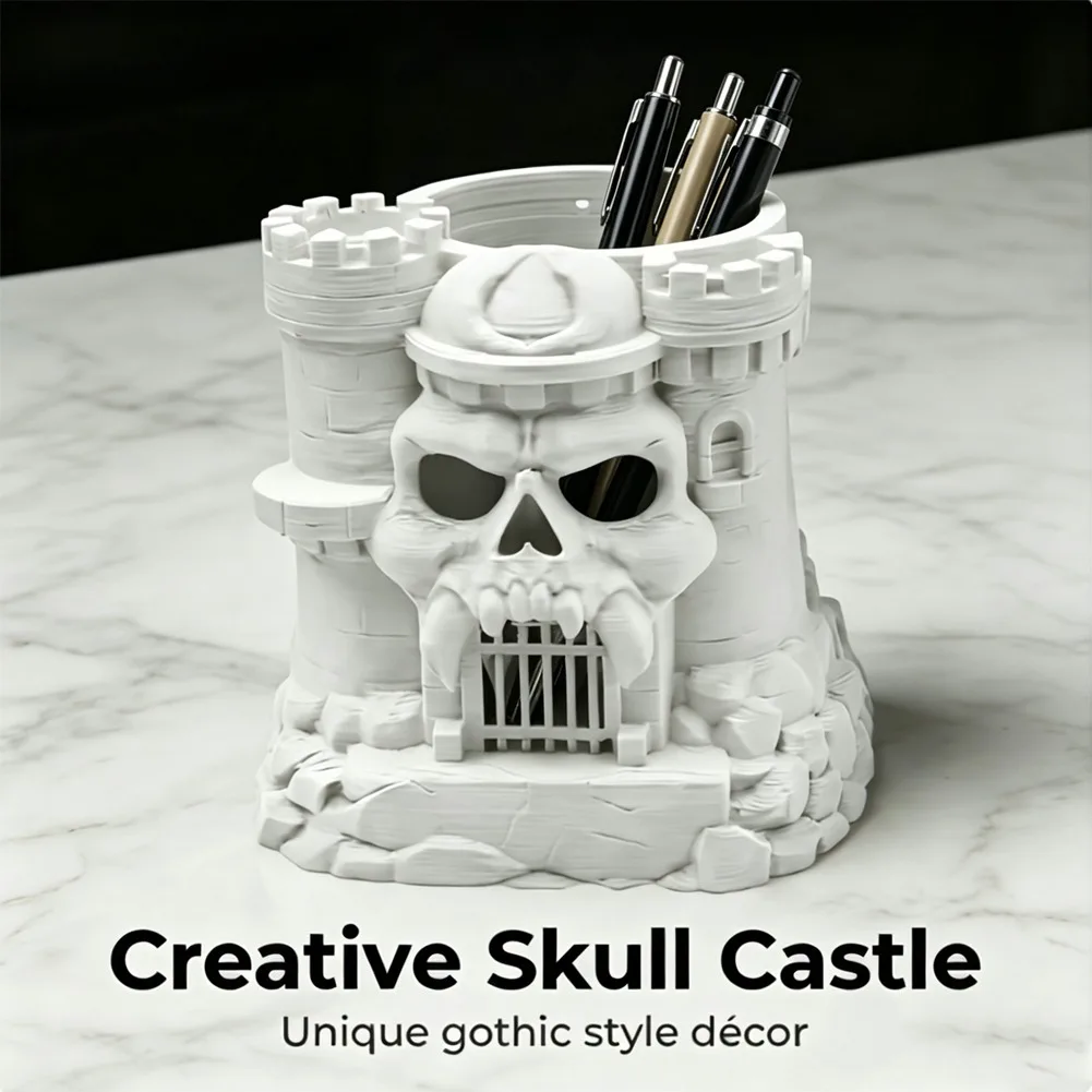 3D Printed Skull Castle Pen Holder Gothic Skeleton Makeup Brush Pencil Organizer Rack Creative Desk Office Desk Decor Halloween
