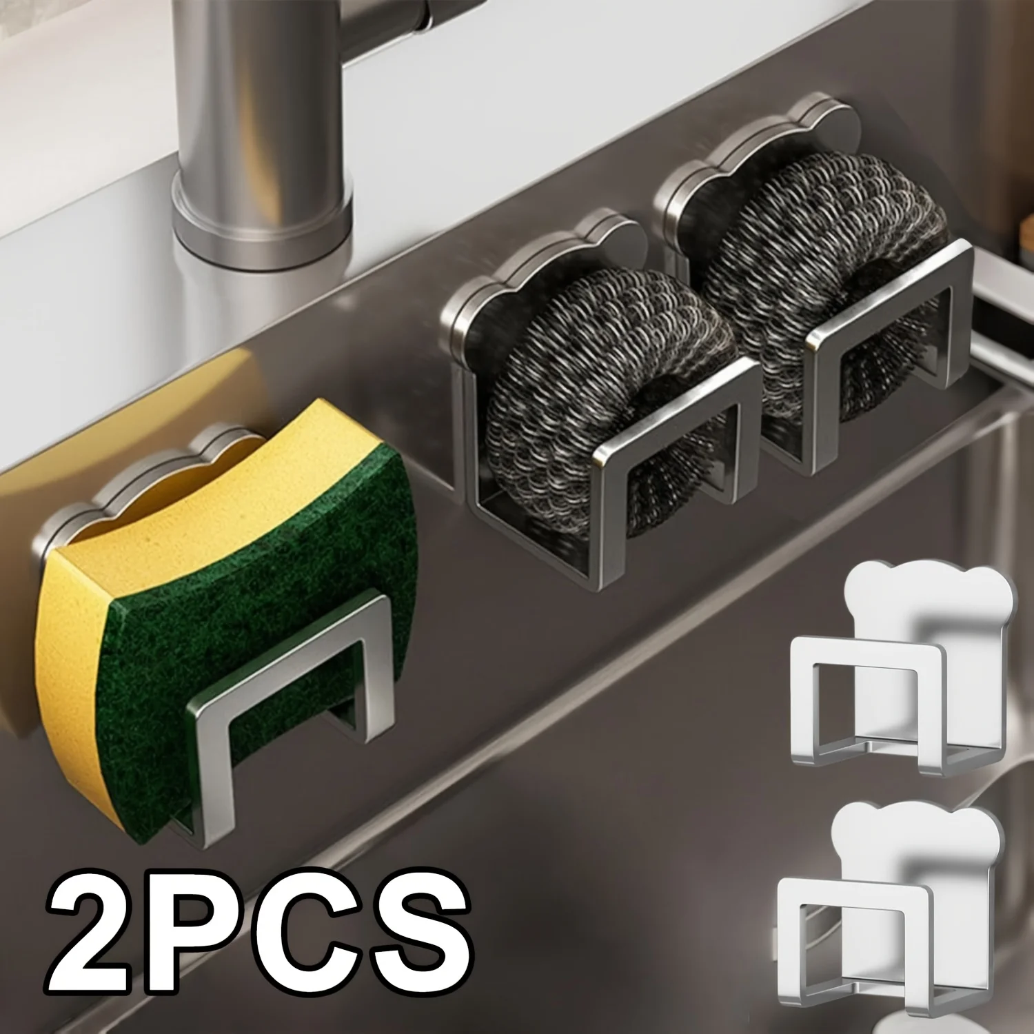 2 Soportes de Acero Inoxidable Autoadhesivos para Esponjas de Fregadero, Estantes de Secado, Ganchos de Pared para Almacenamiento de Cocina, Organizador