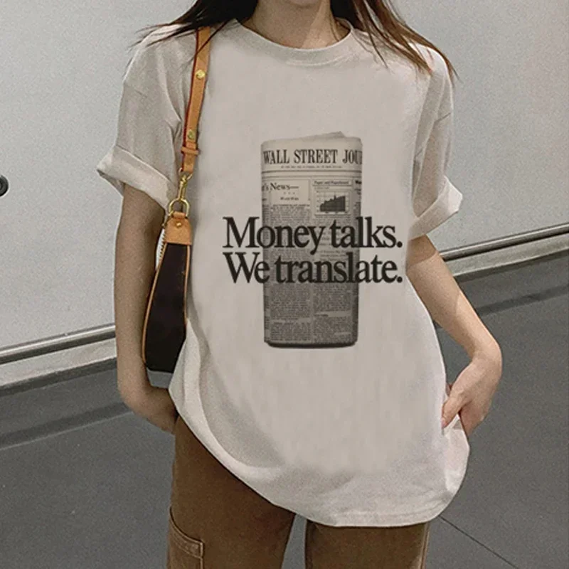 Women Oversized Vintage Harajuku Streetwear Top Money Talks Graphic Shirt Short Sleeve Hippie Funny Fashion T-shirts Grunge Tees