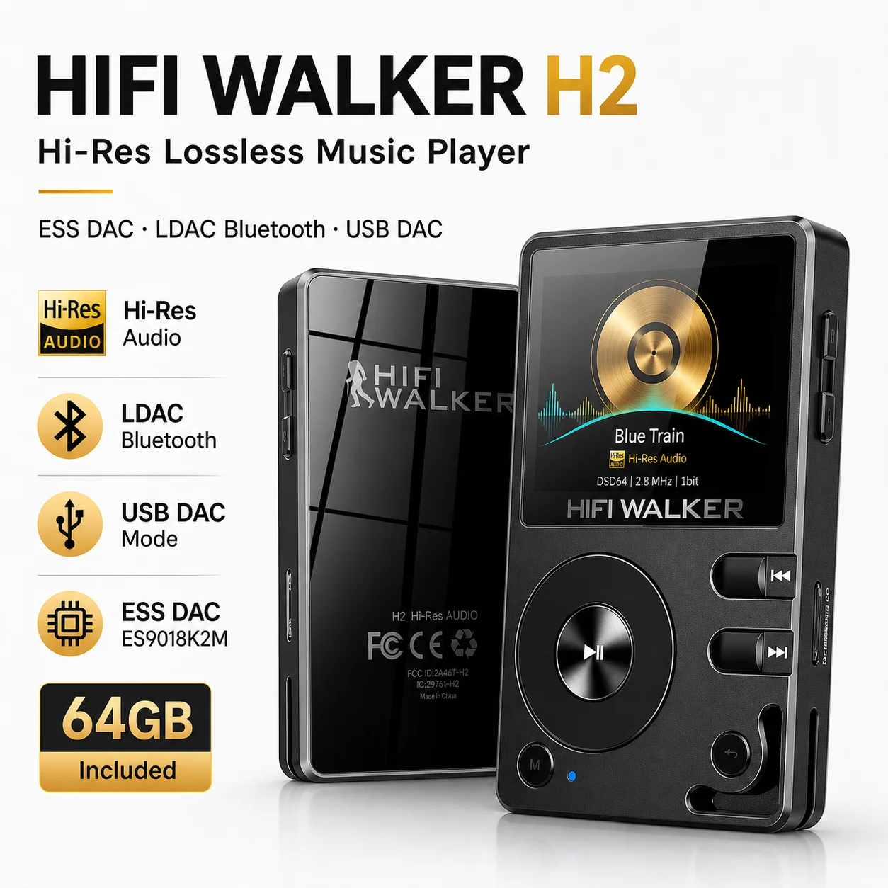 Lecteur DAP HiFi Walker H2, lecteur MP3 portable natif DSD128, 64 Go jusqu'à 512 Go, puce DAC ESS, USB-DAC, Bluetooth LDAC bidirectionnel sans perte