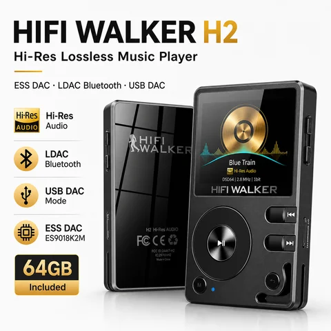 HiFi Walker H2 DAP Music Player,MP3 Native DSD128, 64GB up to 512GB, ESS DAC Chip, USB-DAC,Lossless 2-way Bluetooth LDAC