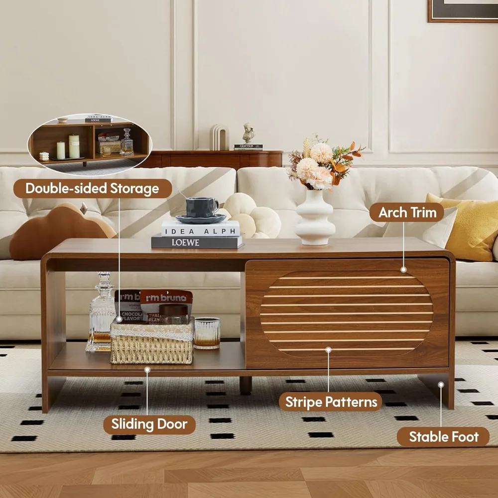 طاولة قهوة حديثة للتخزين في منتصف القرن مع باب منزلق، تصميم خشبي منحني، قطعة مركزية على طراز المزرعة #4