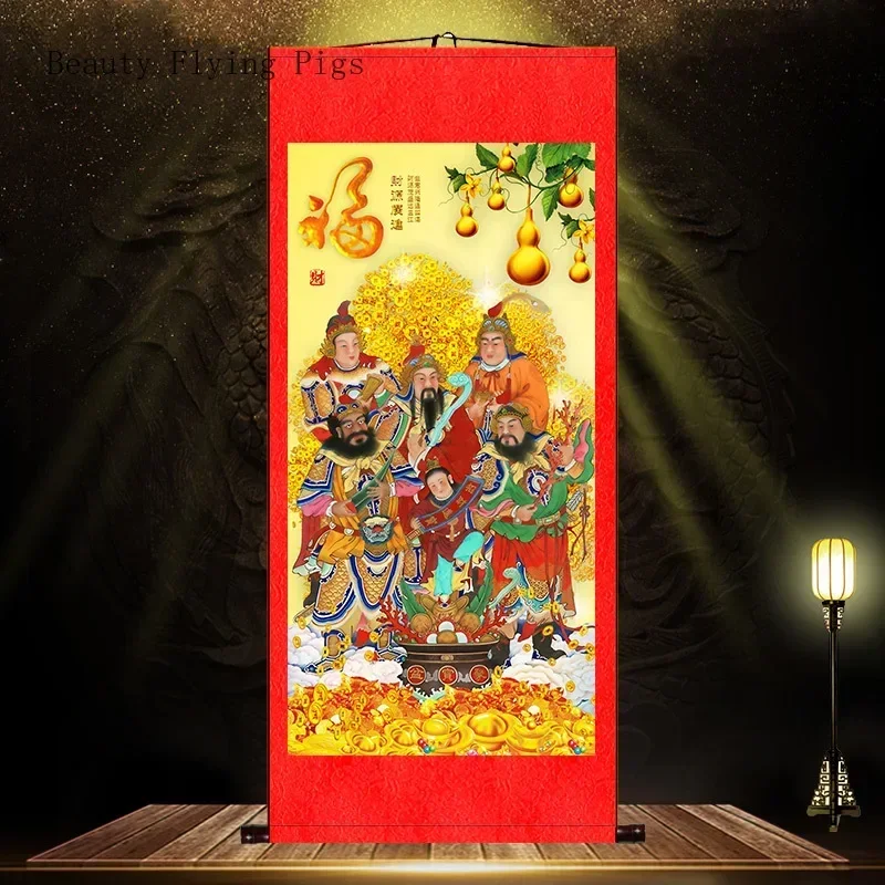 Customized Chinese Style Silk Cloth Fifth Road God of Wealth Hanging Painting, Living Room,office Scroll Mural Feng Shui  People