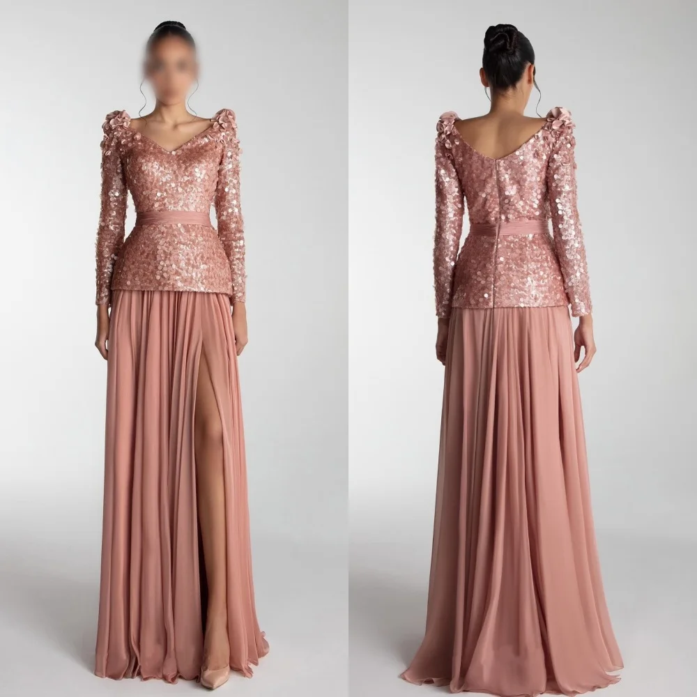 Personalizado chiffon lantejoulas plissado com decote em v a linha vestidos longos sob medida ocasião feminina luxo noite elegante festa de casamento