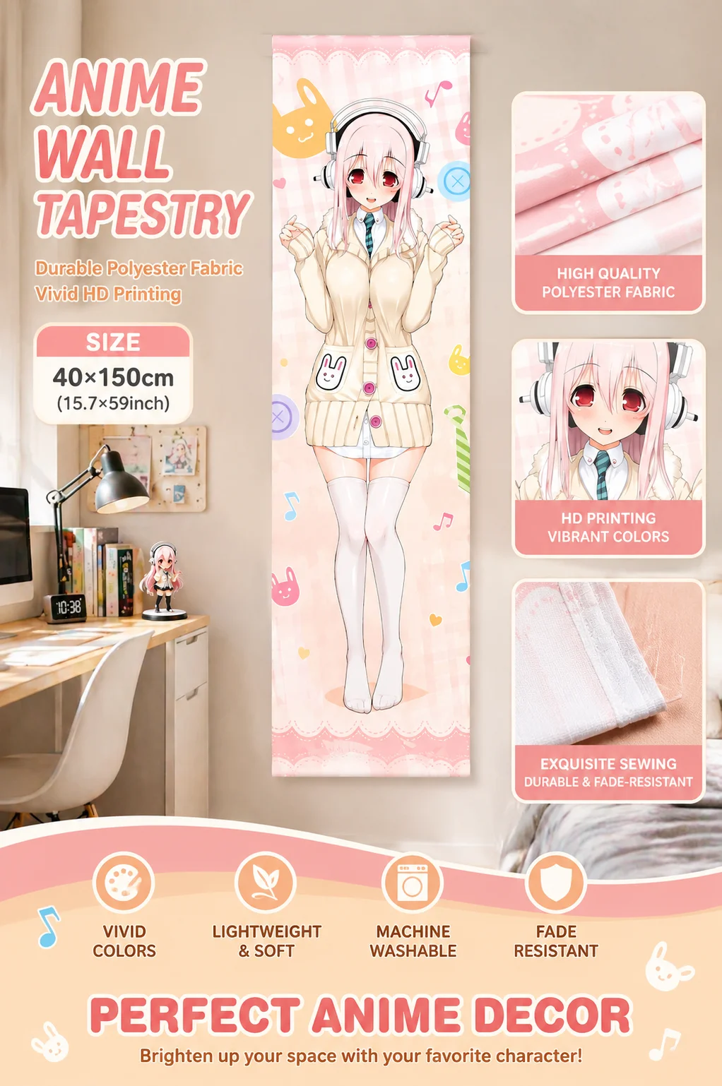 Kawaii S-Super S-Sonico Polyester Tapestry, Headphone Cardigan Outfit Long Door Curtain Otaku Room Decor