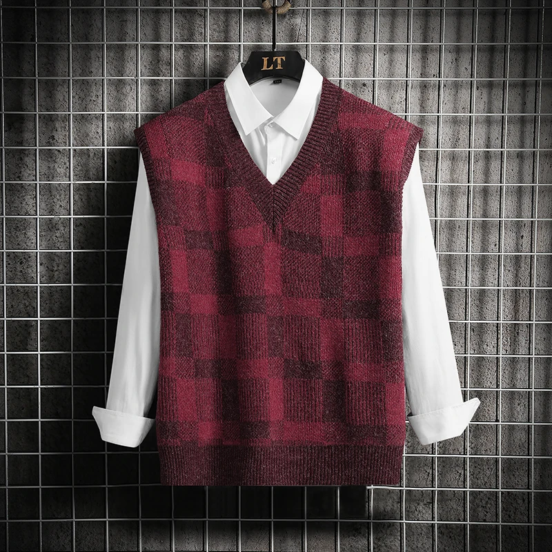 

Мужской свитер-жилет с V-образным вырезом, повседневный вязаный жилет с наплечниками, осенне-зимний, свободный крой, модный, из смесового полиэстера