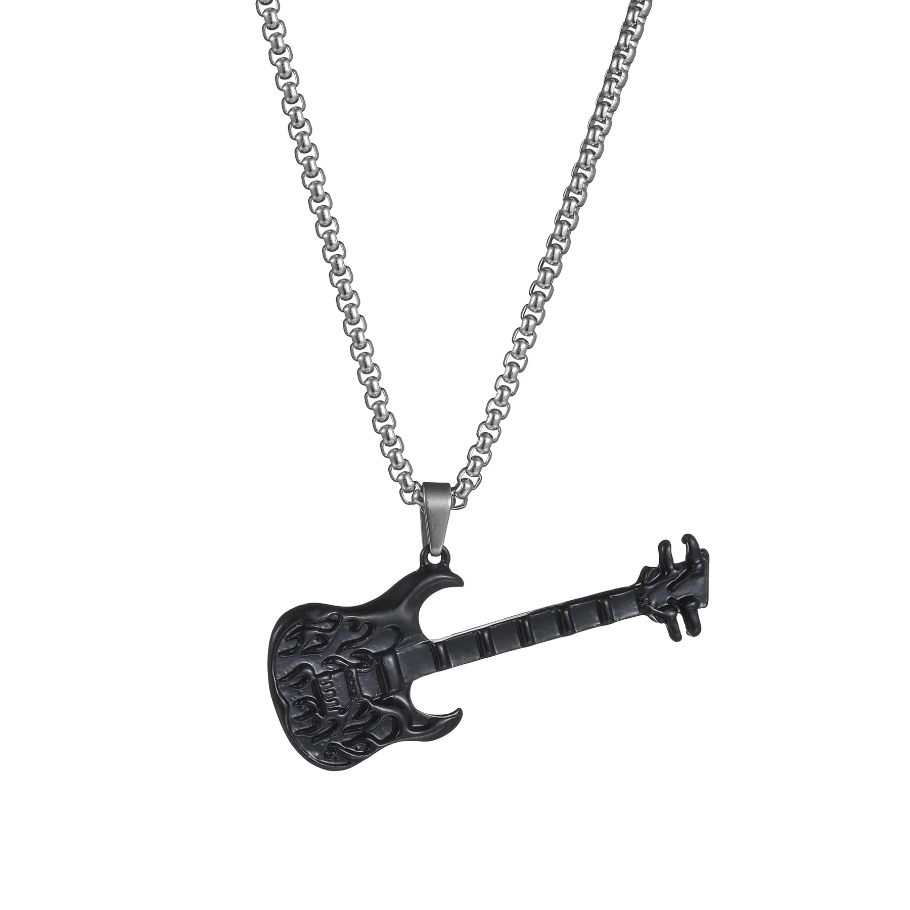 Hip Hop Color negro moda hombres mujeres Acero inoxidable música Rock guitarra colgante joyería cadena collar bisutería regalo