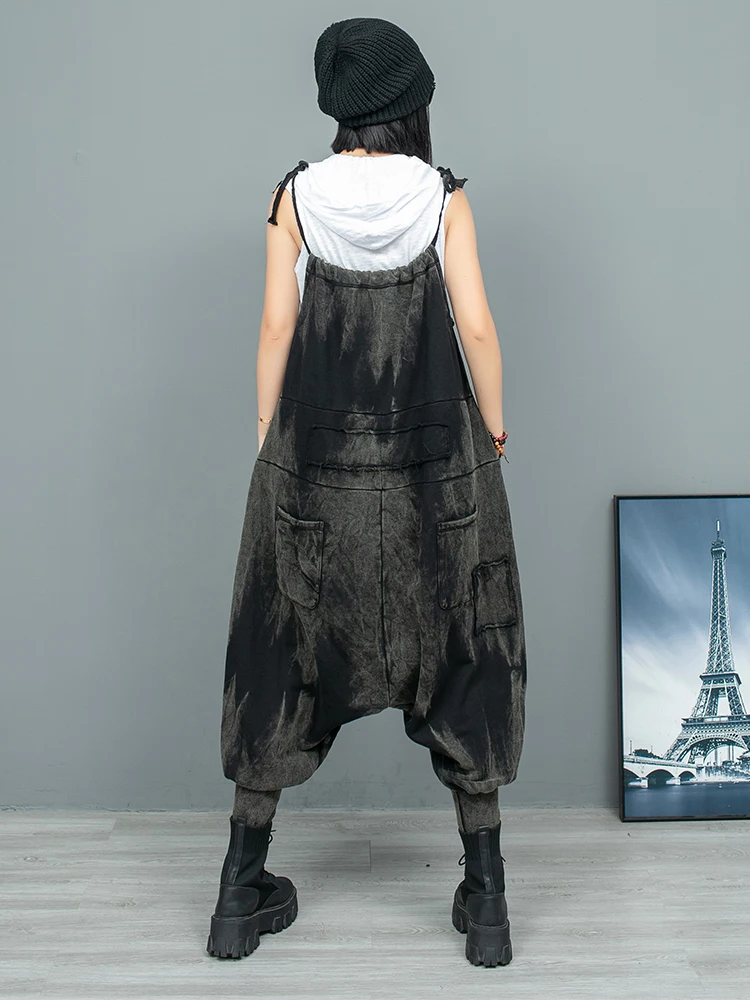 2024 New Personality Distressed Fashion Rompers Women Autumn Loose High-waisted Oversized Straight Leg Streetwear Jumpsuit Tide