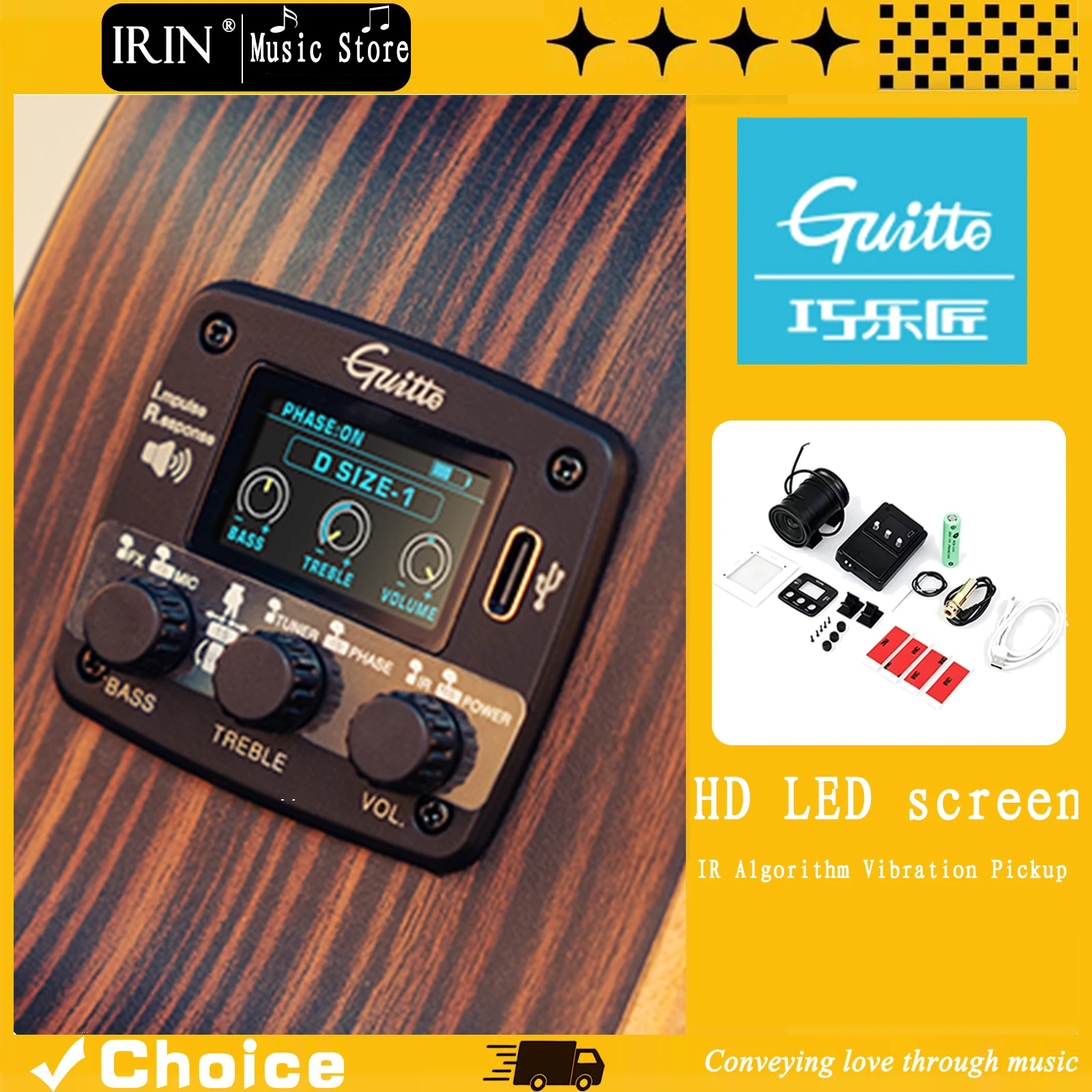 Acoustic Guitar Multifunctional Vibration Pickup IR Pickup for Live Streaming JOYO Digital Live Stream EQ HD LED Screen