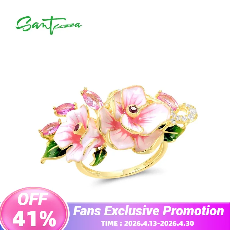 

SANTUZZA Genuine 925 Sterling Silver Rings For Women Red Pink Stones White CZ Handmade Enamel Flower Ring Delicate Fine Jewelry
