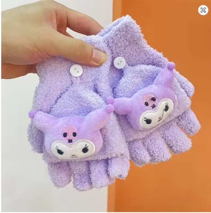 قفازات أطفال قطيفة قابلة للطي، قفازات نسائية لطيفة محبوكة مفتوحة الأصابع من المخمل المرجاني، قفازات للأطفال #5