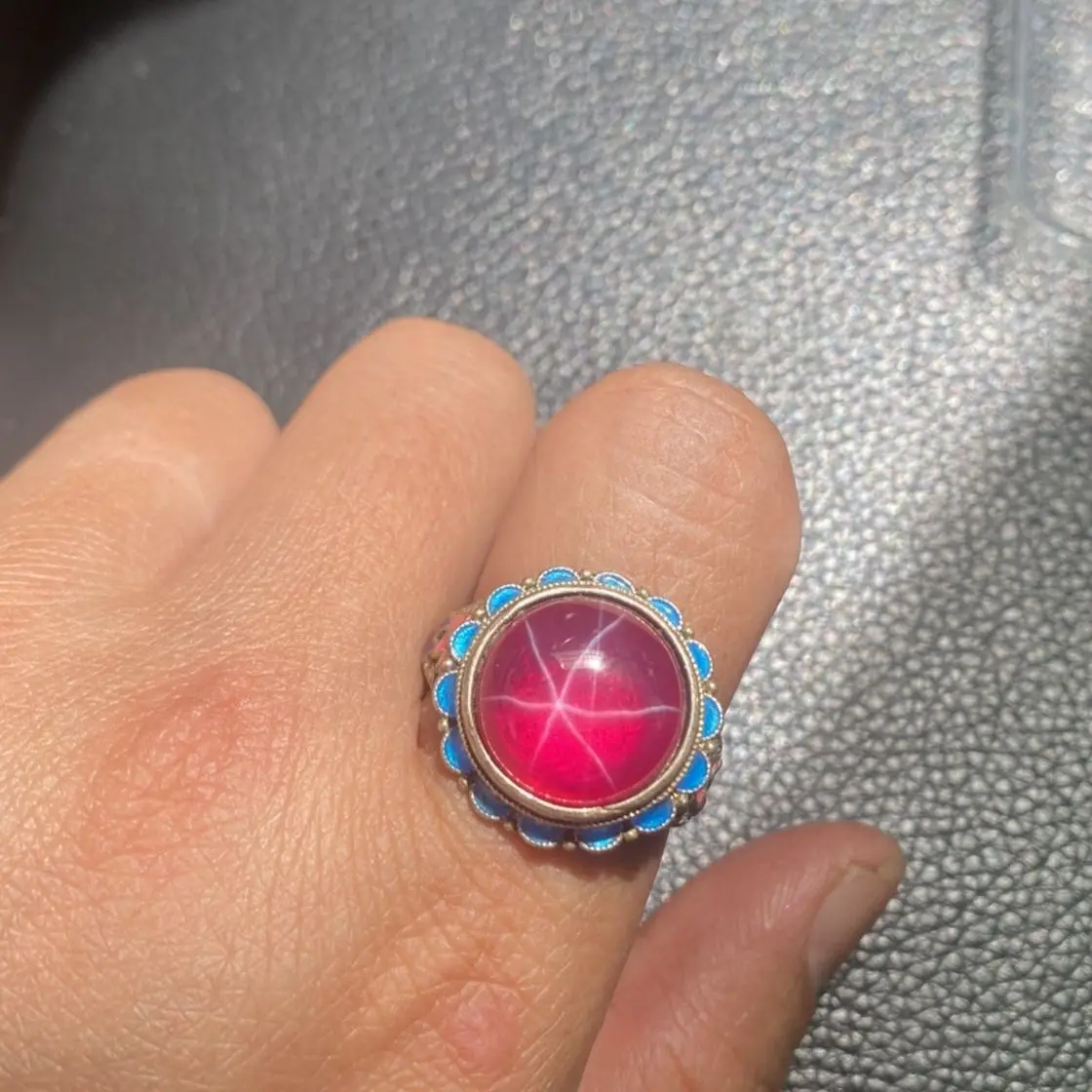 Exquisite Handcrafted Silver Star Gemstone Ring with Cloisonne Silver Setting, Open-Back Round Ring Shank, Women's Style Gift