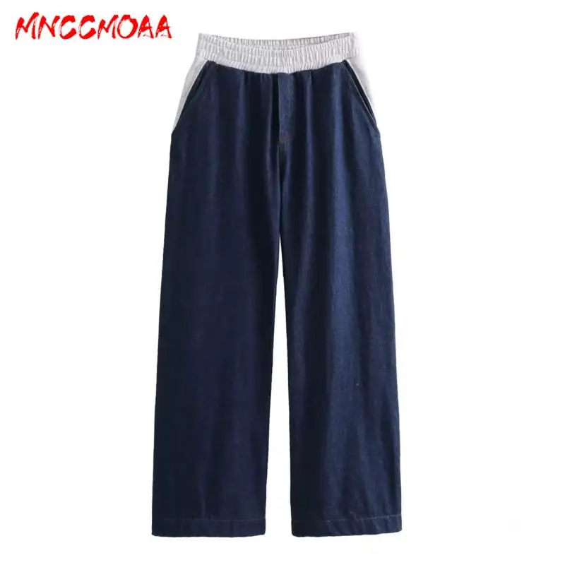 MNCCMOAA-Women\'s Loose Denim Splice Pullover Hoodie Sweatshirt Elastic High Waist Jogging Pants Set Female Fashion Autumn 2024