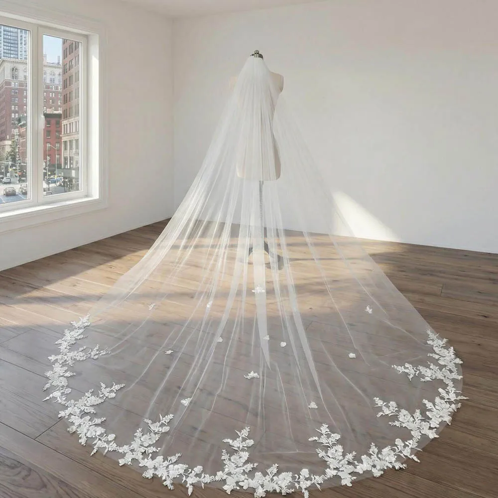 

Одноярусная фата по индивидуальному заказу с расческой, длина 3 м/3,5 м/4 м, свадебная фата с кружевными аппликациями, элегантная фата белого цвета/цвета слоновой кости для невесты