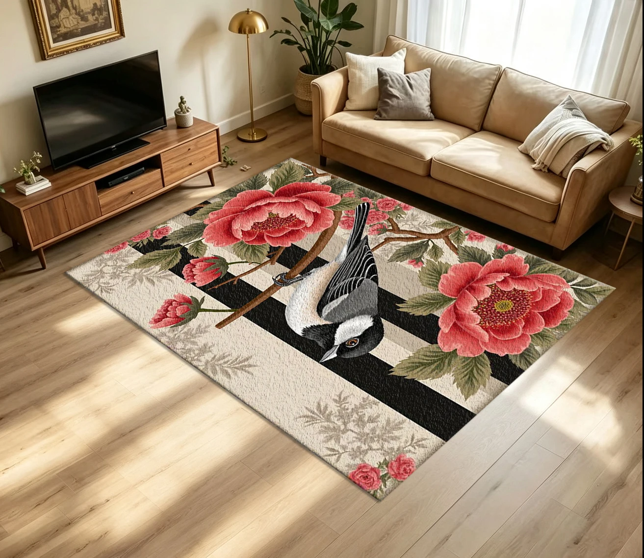 Vintage Bird Peony Flower Carpet Flooring Retro Floral Branch Striped Background Art Printed Floor Rug for Household Indoor Home Ornament