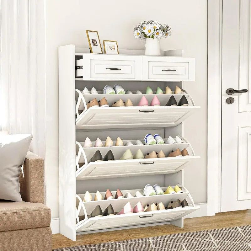 

Narrow Shoe Organizer Cabinet with 3 Large Flip Drawers & 2 Storage Drawers - Slim Shoe Storage for Entryway, Hallwa