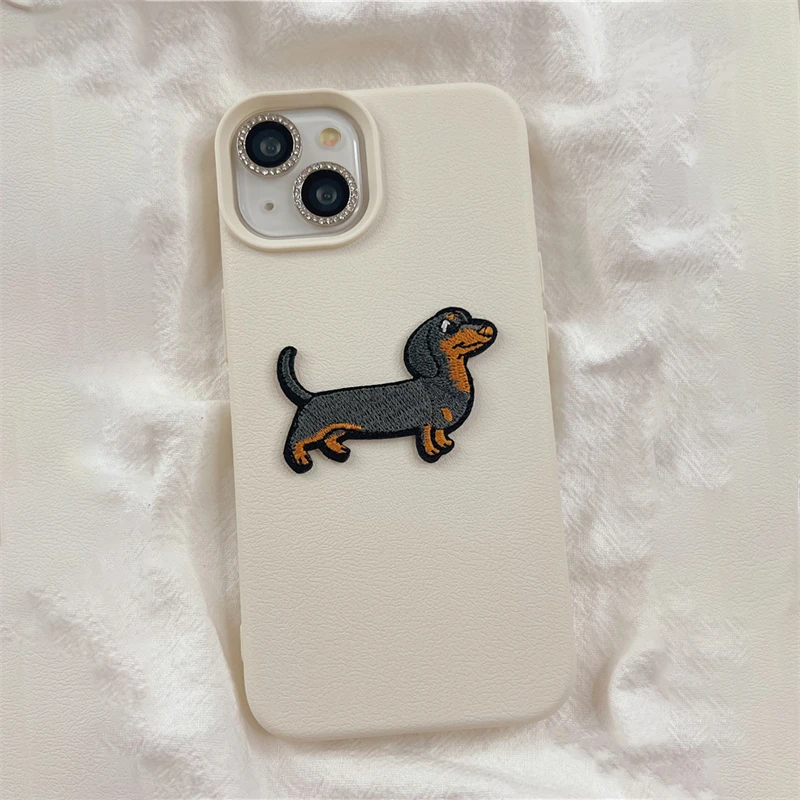 Korean Cute Cartoon Embroidered Puppy Leather Pattern Case For iPhone 16 15 Plus 14 Pro 13 Promax 12 11 Pro Max Wowen Back Cover