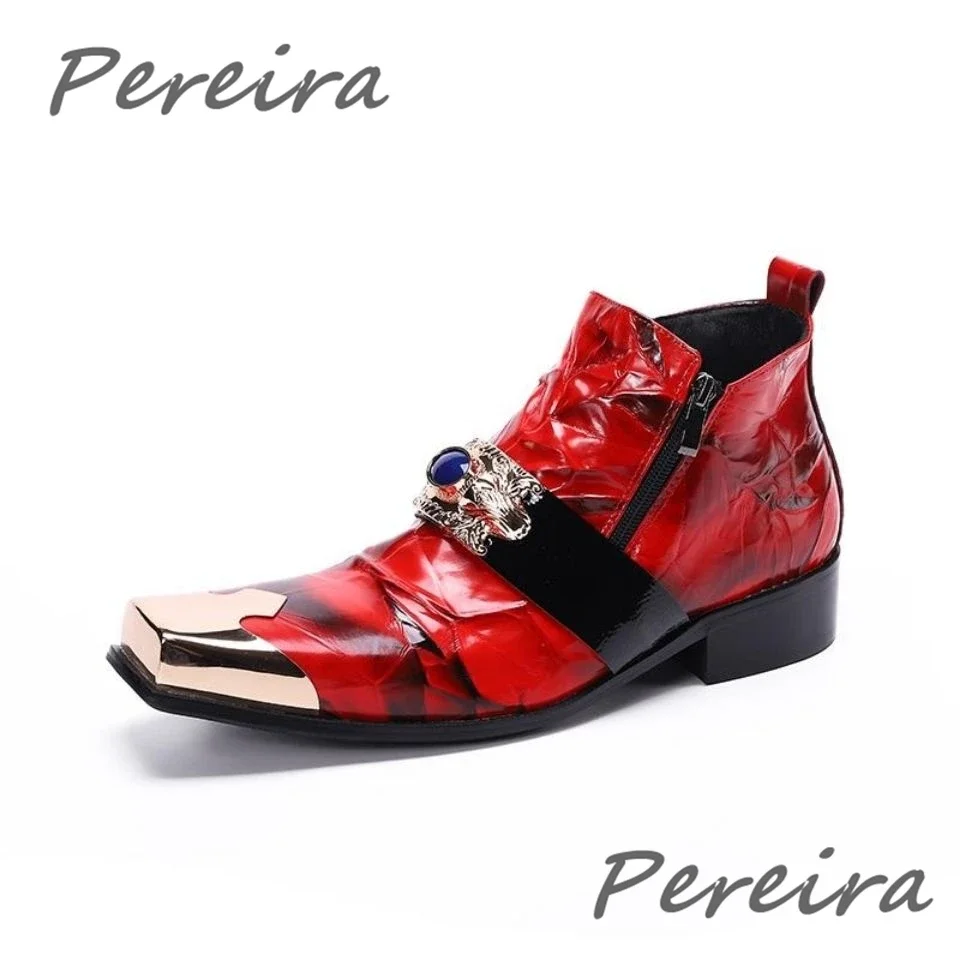 

Red Genuine Leather Chelsea Boots for Men Luxury Metal Square Toe Rhinestone Side Zipper Short Boots Fashion Party Dress Shoes