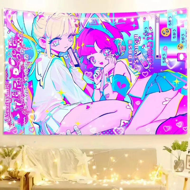 Cute Anime Girl Tapestry Wall Hanging Pink Purple Pastel Chibi Game Pop Art Arcade Candy Art Bedroom Dorm Home Decor Fans Gift