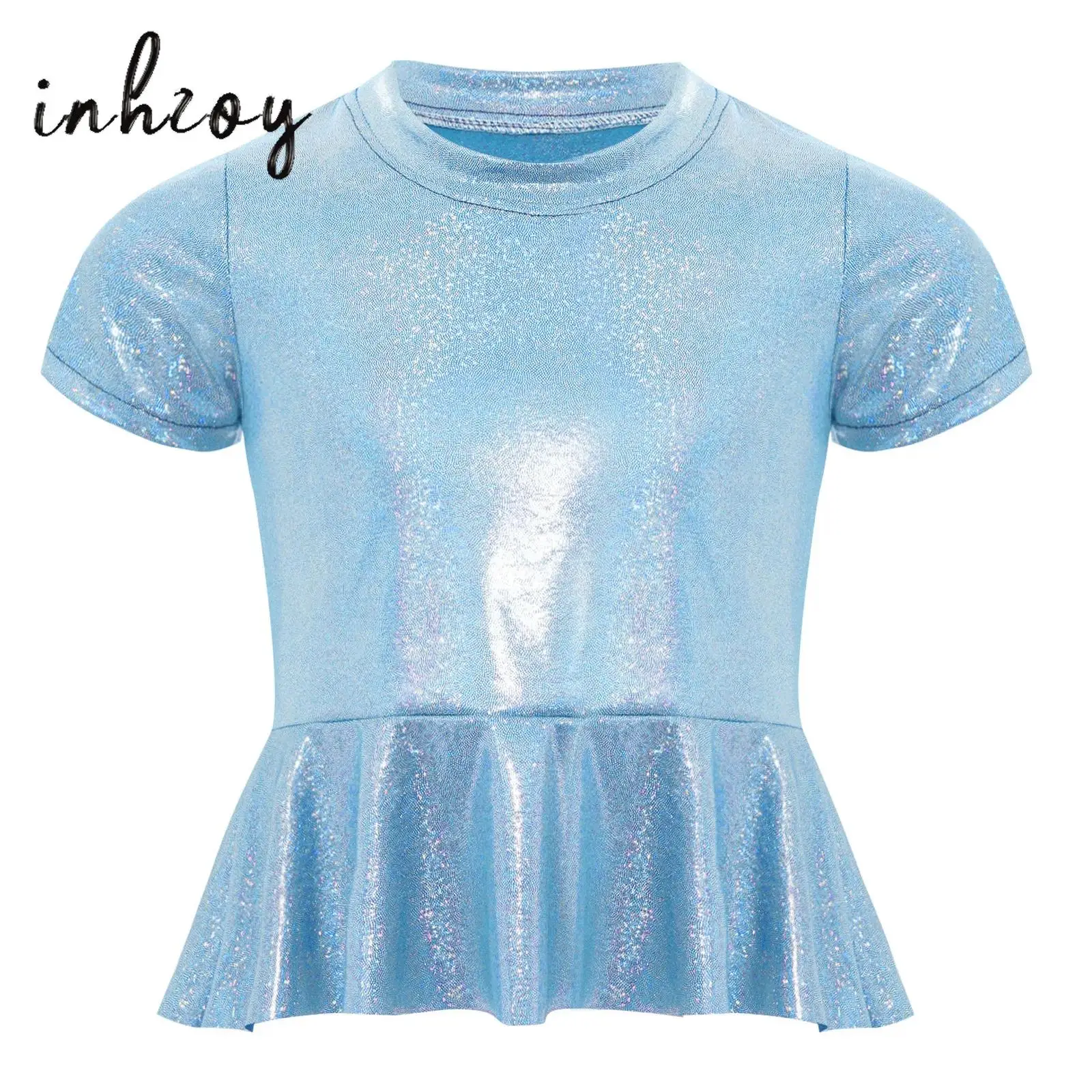 

Kids Girls Cheerleading Jazz Dance Top Round Neck Short Sleeves Metallic Peplum Tees T-shirt for Stage Performance Party Costume