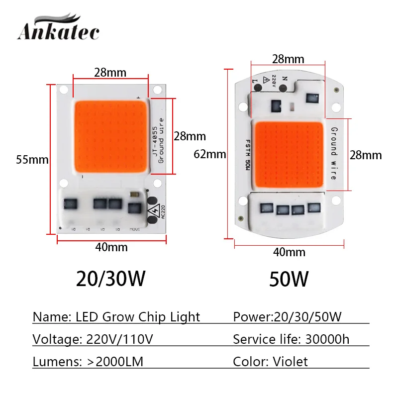 Driver Free LED COB Chip Pink Full Spectrum 380-780nm High Voltage 220V AC 20W 30W 50W Smart IC for Greenhouse Plant Growth Lamp