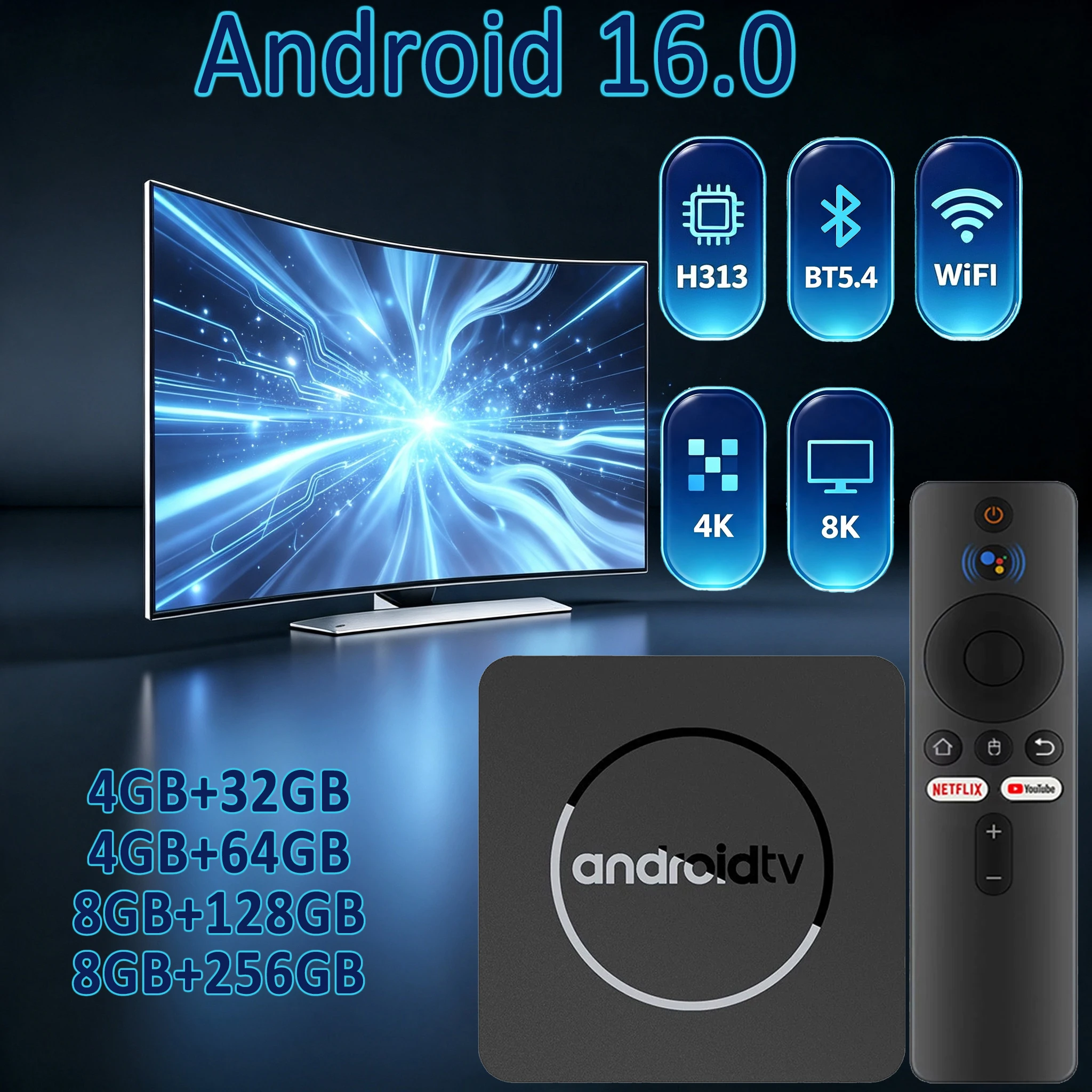 Android 16 Smart TV Box 8GB 256GB Q10 Dual WiFi BT5.4 4K 8K Sprachsteuerung Netflix Google Play Home Media Player H313 Set-Top-Box