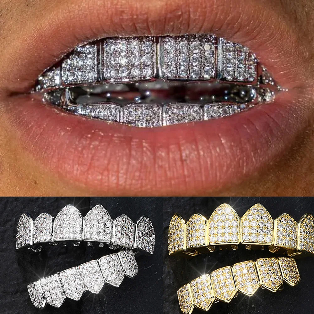 RACHELZ Hip Hop Iced Out Full CZ Stone Tooth Grillz tapas de dientes de circón brillante para Mujeres Hombres joyería parrillas dentales de parte superior inferior