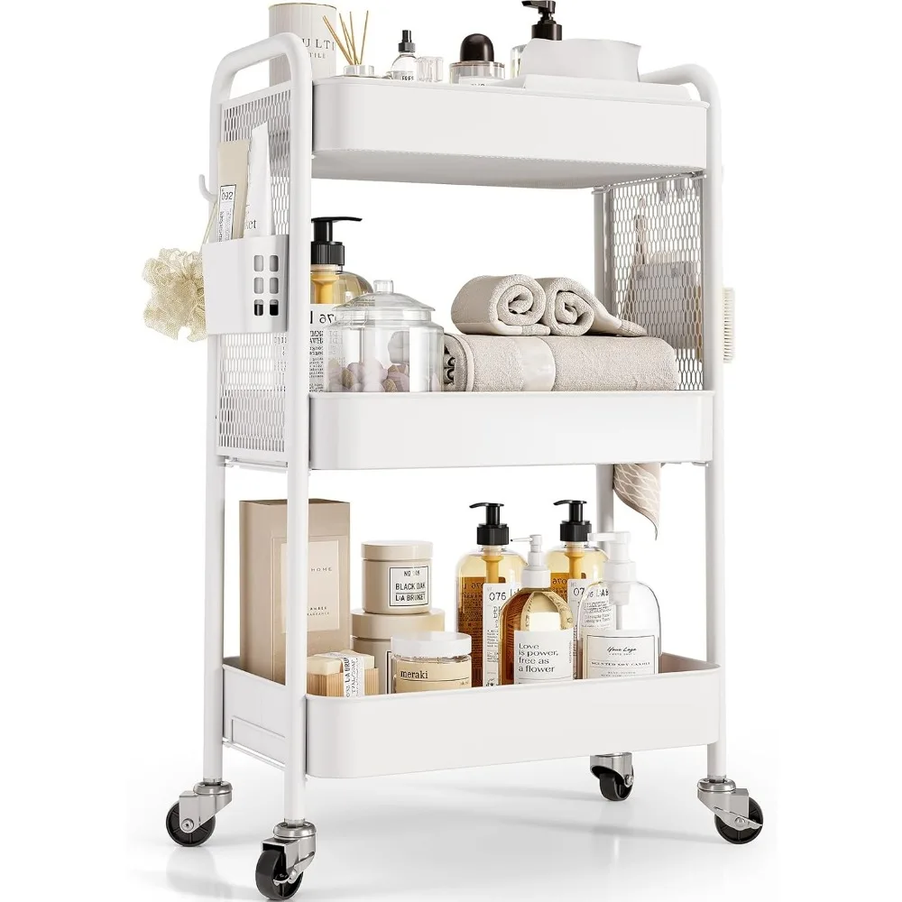 

Sturdy Metal 3-Tier Rolling Utility Cart with Wheels | Storage Organizer featuring Hooks, Bins & Pegboard – Versatile