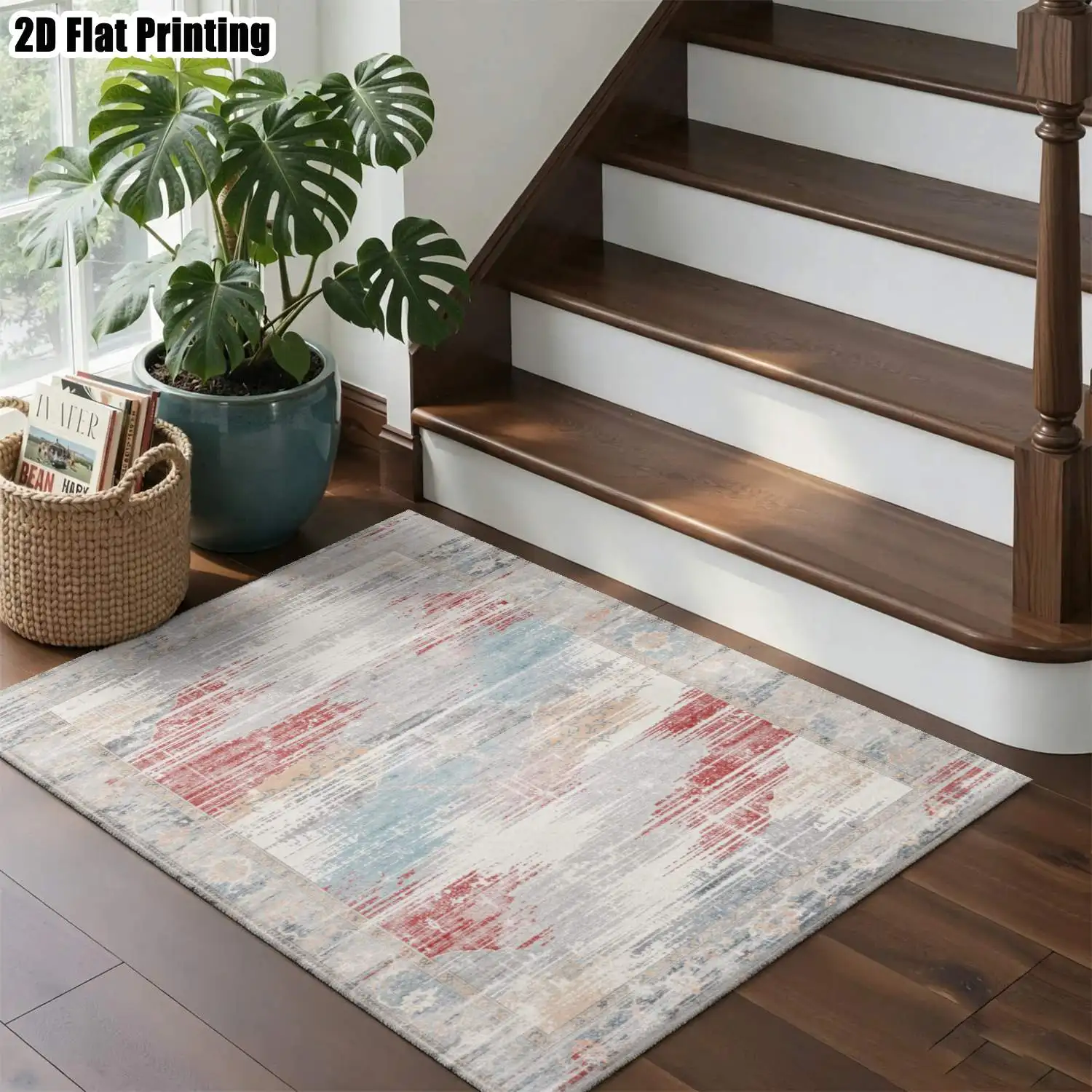1Pc 2D Printed Carpet: Red, Gray, Blue Abstract Art Patterns Nordic, Modern Minimalist, Instagram, European, Vintage Styles, Multi-Size, Machine Washable, for Living Room, Bedroom, Dining Room, Entryway, Study Home Decor.