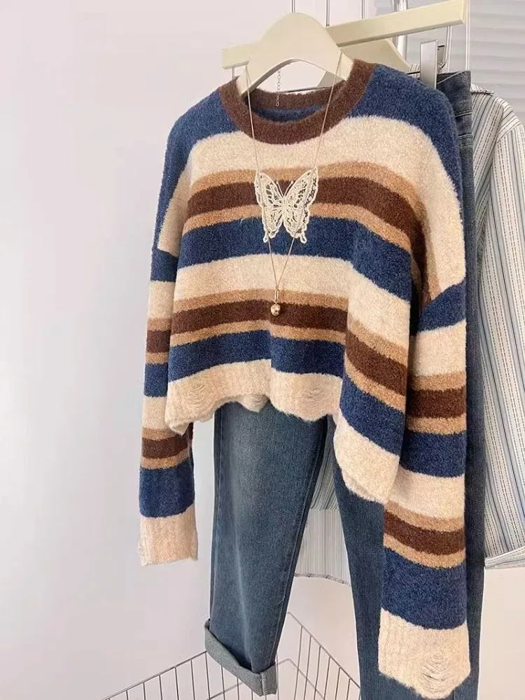 

2025 американский винтажный полосатый свитер для женщин, осенне-зимний вязаный пуловер с дырками, элегантные модные универсальные топы Mujer