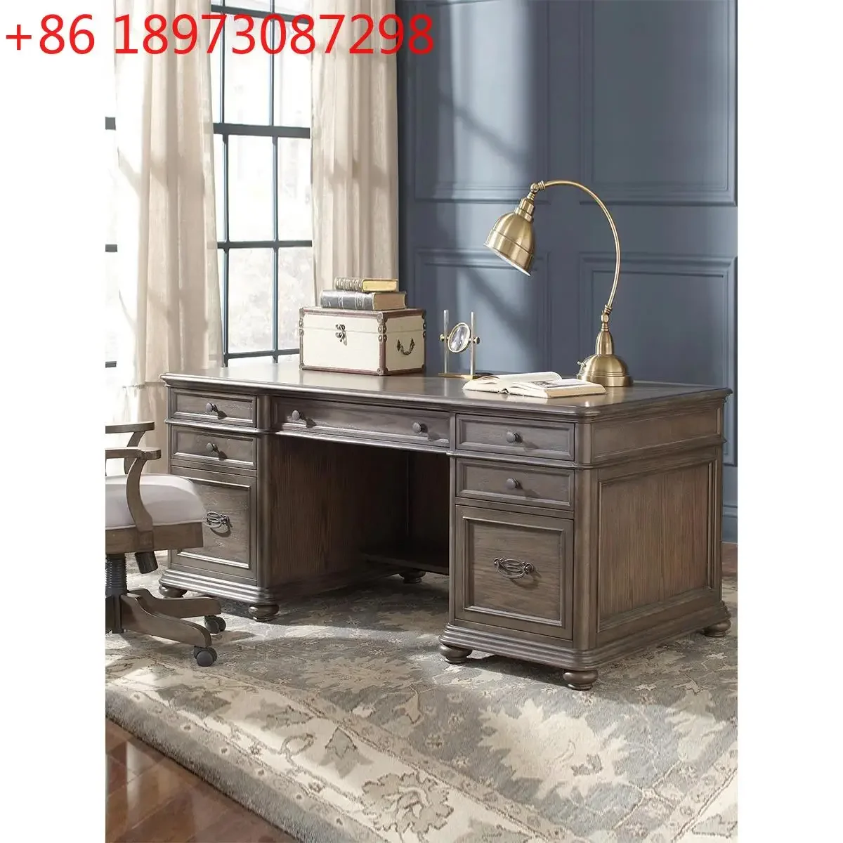 American retro solid wood writing desk large desk with drawers computer French study table