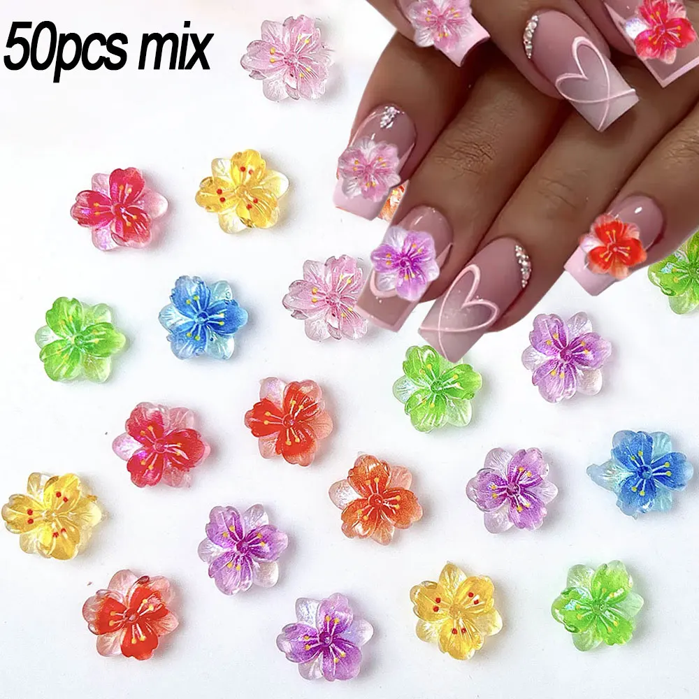 100PC 3D Mixed Gradient Flowers Nail Rhinestones 10mm Ice Translucent Cherry Blossom Nail Charms Resin Colorful Floral Nail Part